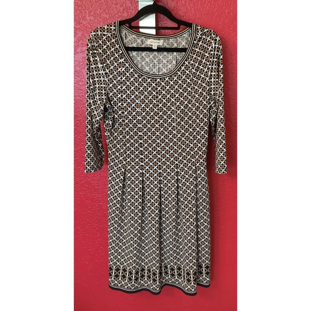 Max Studio Women's Round Collar Dress Geometric Print, Black/Cream, Size Medium